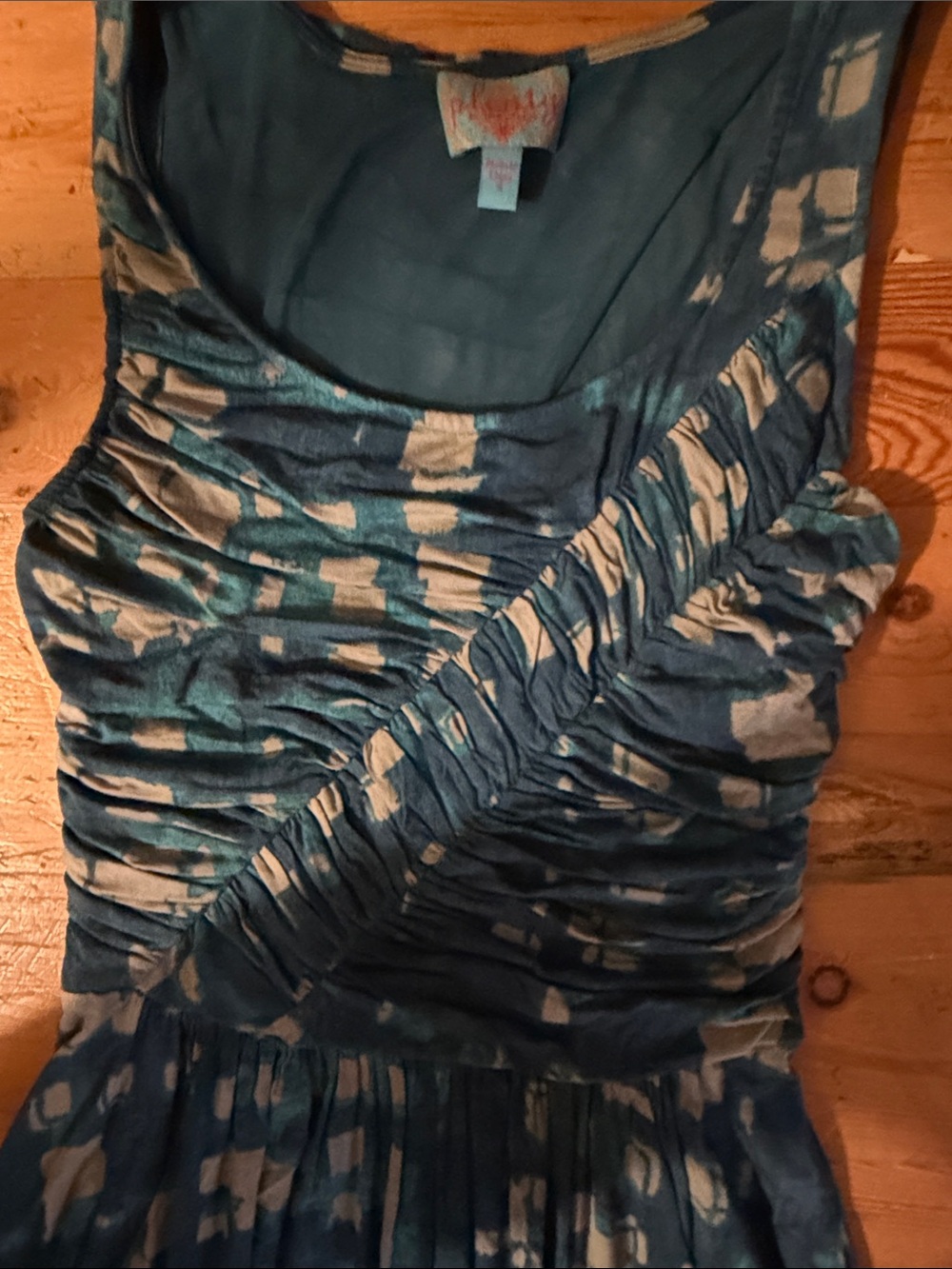 Anthropologie Plenty by Tracy Reese Teal & Cream Ruched Midi Dress - Picture 3 of 5
